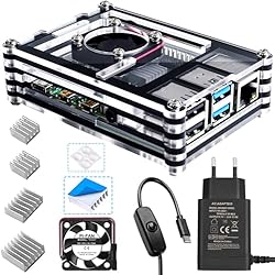 Ventilador Silencioso Raspberry Pi 4 Bruphny Caja para Raspberry Pi 4, Caja con Ventilador, Cargador de 5V / 3A USB-C y 4 X Disipador para Raspberry Pi 4B / 4 Modelo B (No Incluye Placa Raspberry Pi)