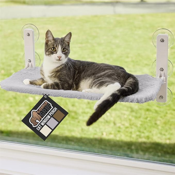 GORILLA GRIP Cat Window Perch, Sturdy Cat Hammock Bed Window Seat with 6 Large Suction Cups, Foldable Cordless Indoor Kitten Wall Shelves, Strong Metal Frame, Washable Cover, Small Gray