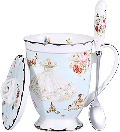 Cute Tea Cup Fine Bone China with Lid and Spoon, 11 oz Light Blue, 3 pieces