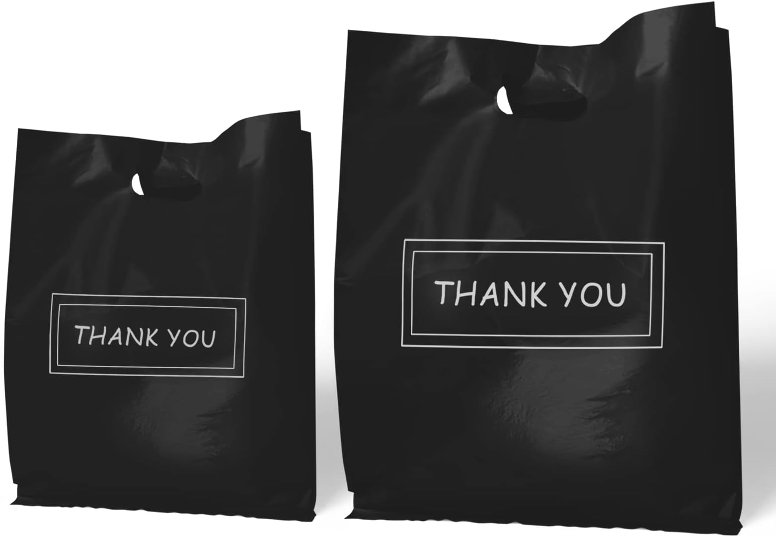 MelonArt Thank You Bags for Small Business, 200pcs Black Plastic Retail Bags Merchandise Bags with Handles Bulk Large Reusable Shopping Boutique Bags 8x12 and 12x15 for Stores Clothes Supplies(Black)