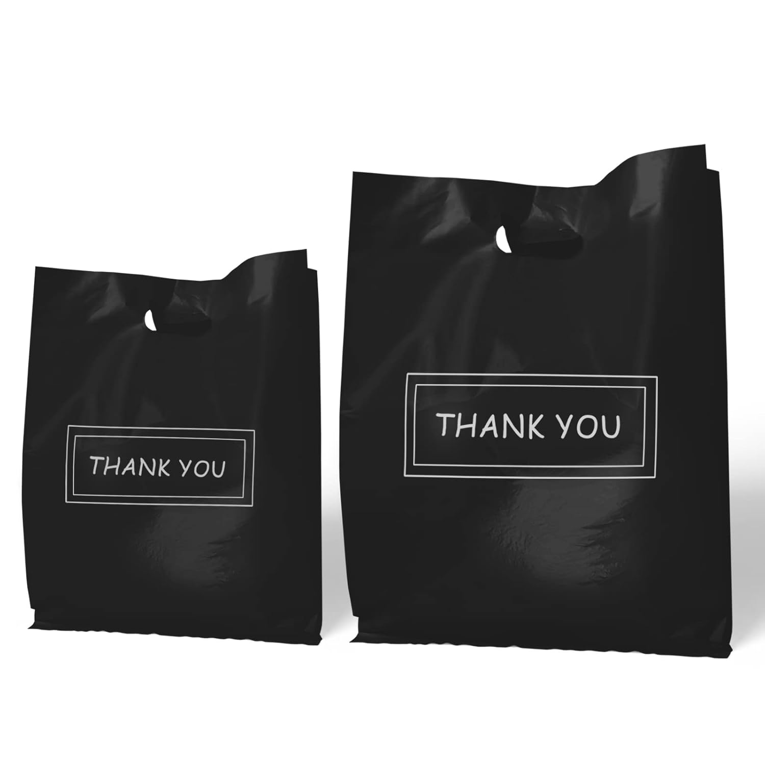 MelonArt Thank You Bags for Small Business, 200pcs Black Plastic Retail Bags Merchandise Bags with Handles Bulk Large Reusable Shopping Boutique Bags 8x12 and 12x15 for Stores Clothes Supplies(Black)