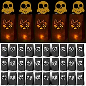 Halloween Luminary Bags Halloween Paper Candle Bags Skull Tea Light Bags Flame Resistant Halloween Candle Holder Bags for Halloween Wedding Party Decorations (36)