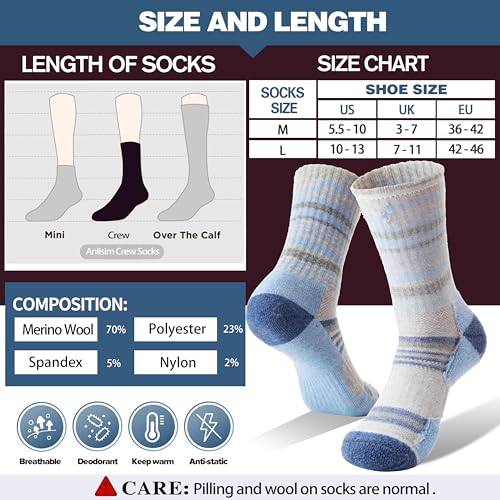 Image of Anlisim Merino Wool Hiking Running Socks for Women, Boot Work Crew Socks