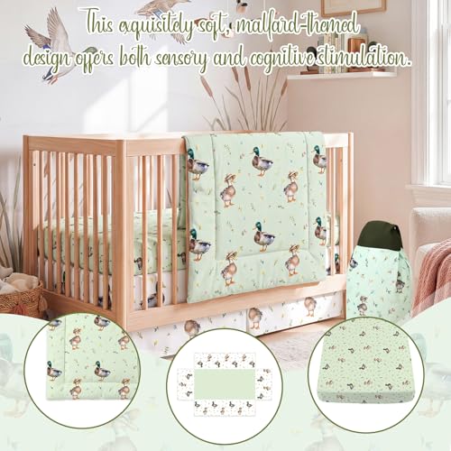Image of Hahafelt 4 Pieces Crib Bedding Set for Girls and Boys, Soft Baby Bedding Set Including Crib Skirt, Comforter, Sheet and Diaper Stacker for Nursery (Mallard Duck)