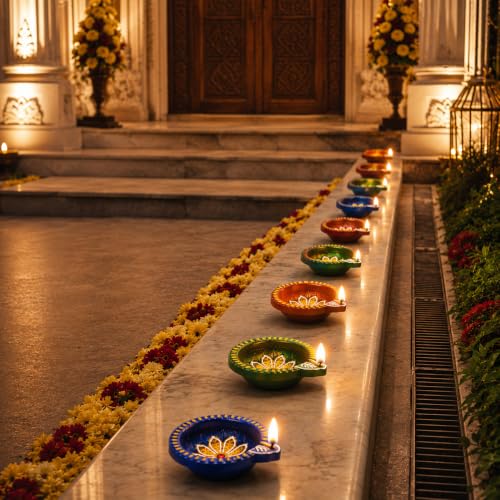 Image of Pure Source India Decorative Terracotta Handmade Design Diya Suitable for Diwali, Festive Occasion, Pooja /Mandir /Temple (3 X 3.5 X 1 INCH) (Multicolour) (4 PCS)