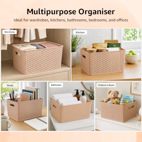 Image of Amazon Basics Set of 3 Plastic Storage Baskets with Lid - Stackable Organiser for Wardrobe, Kitchen, Clothes, Toys, Books, Office Multipurpose Shelf Basket (Large, 36x30x22 cm) | Biscuit, Rectangular