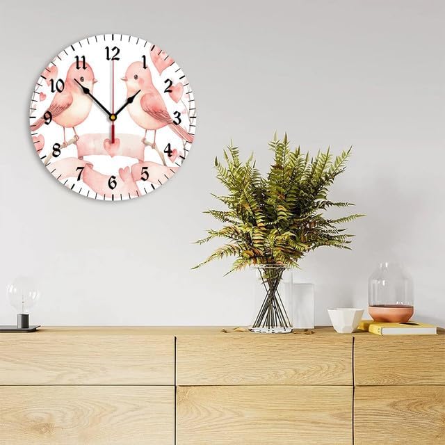 Cute Love Birds Silent Non Ticking Clock 12 Inch, Round Holiday Wall Clock,Decorative for Living Room, Kitchen, Home,Bathroom, Bedroom, Office or School