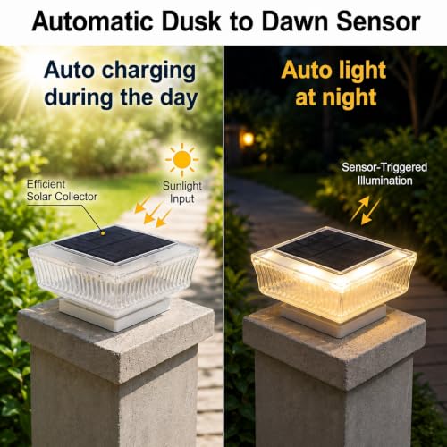 Image of XERGY Solar Powered Modern Design Outdoor Pillar Light | | 1200mAh Battery | Warm White Lighting | Auto ON /Off Dusk to Dawn | Waterproof for Garden, Gate, Balcony, Pathway & Fence Decor (Transparent)