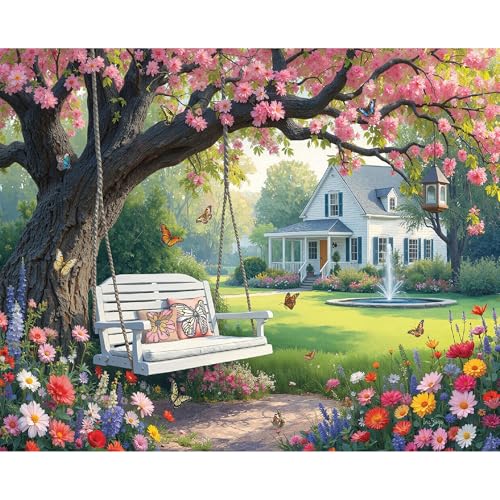 Rompecabezas White Mountain de 1000 piezas: Jardín de primavera bajo flores rosas | Piezas grandes, regalo para adultos y familia, 24" x 30", escena de flores miniatura 1