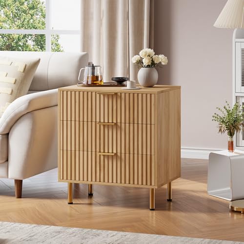 GarveeHome Natural 3 Drawer Dresser for Bedroom, Fluted Modern Nightstand with Deep Drawers, Chest of Drawers with Wide Top, Wooden Dresser Organizer,