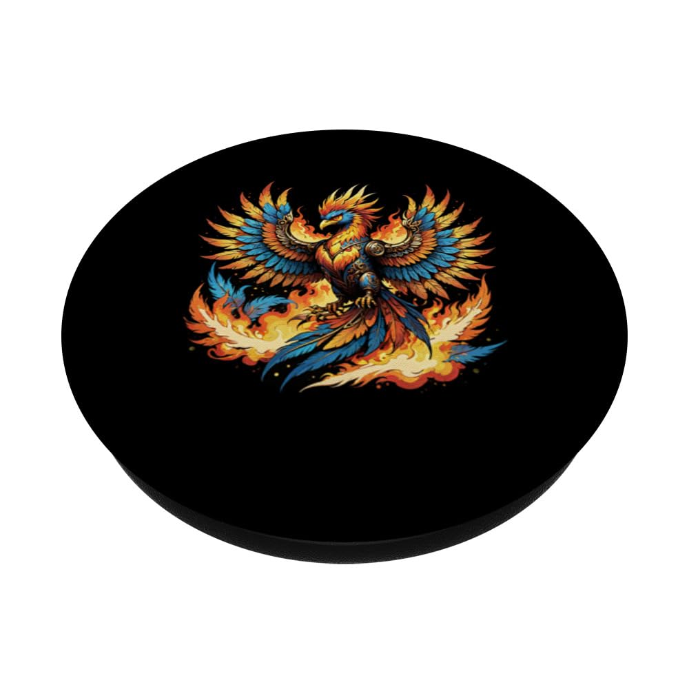Illustrated Vintage Steampunk Flaming Phoenix Rising PopSockets Swappable PopGrip, Black - Image 2