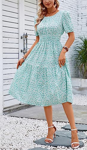 Image of Kormei Women Summer Casual Boho Floral Round Neck Short Sleeve Smocked Waist Tiered Flowy Swing Midi Dress