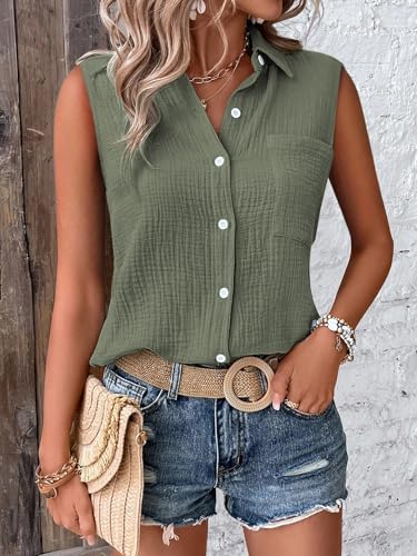 Image of GLASGO Women's 100% Cotton Sleeveless Button Down Shirt | Casual Summer Collared Tank Top | Soft Breathable Fabric Stylish Piece