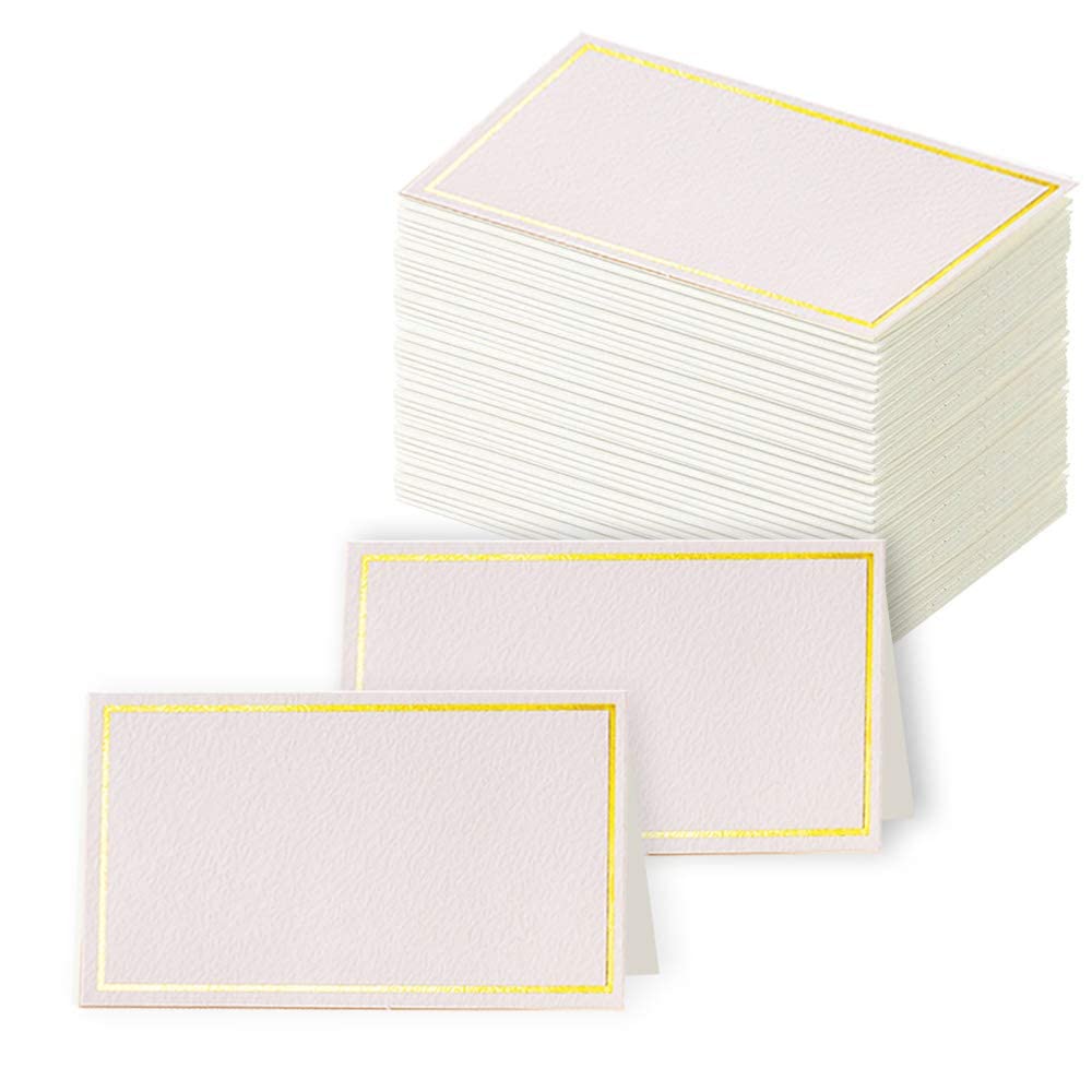 Toncoo Place Cards, 100Pcs Small Tent Cards with Gold Foil Border, Texture Table Kraft Paper Cards, Ideal Table Name Number Buffet Blank Seating Cards, 2 x 3.5 inches