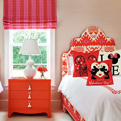 Bqulittner Red White Mouse Theme Pillow Covers Set Of 4 Cartoon Mouse Love Home Heart Happy Valentine Day Throw Pillowcase 18X18 Inch Linen Square Sofa Cushion Cover For Anniversary Wedding Home Decor #TOP4