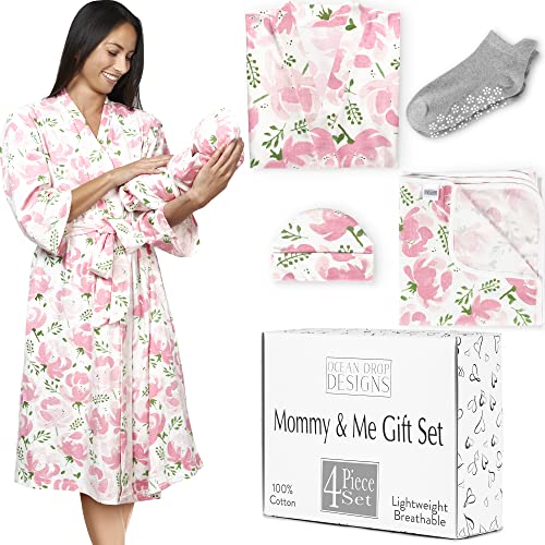 Image of Ocean Drop Designs 100% Cotton Mommy and Me Robe and Swaddle Set - Maternity Robe for Hospital