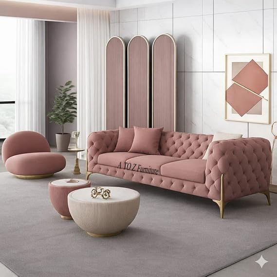 Image of A to Z Furniture Modern Classic Fabric & Valvet Tufted Chesterfield Sofa Living Room and Office (3+1= 4 Seater Sofa Set Wth Footrest Ashrose)