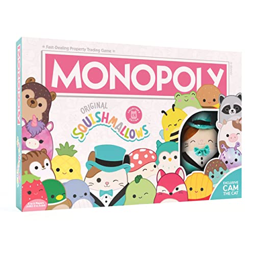 Monopoly: Squishmallows Collectors Edition Board Game Exclusive Cam the Cat Plush Included Buy Sell & Trade Spaces Featuring Iconic Characters Officially Licensed Merch Collectible and Gift