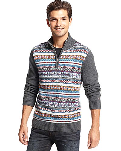 Tommy Hilfiger Fair Isle Sweater XX-Large Dark Grey Heather 1/4 Zip Mockneck
