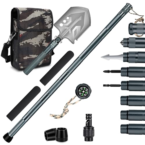 Heavy Duty Outdoor Hiking Stick Foldable Camp Shovel Included Aluminum Multi-Tool Walking Staff for Wilderness Adventure Camping Gear 8 Aluminum Tubes + Camp Shovel (Grayish Green)