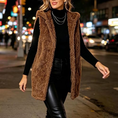 Womens Hooded Plush Fleece Vest Sleeveless Fuzzy Jacket Casual Outerwear - image 3
