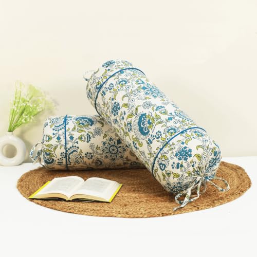 Image of AURAVE Cotton Printed Floral Bolster Cover with Drawstring Closure, Set of 2, Soft Breathable Durable Machine Washable for Sofa Bed & Home Decor, 15 inchx30 inch, Blue | Cover Only