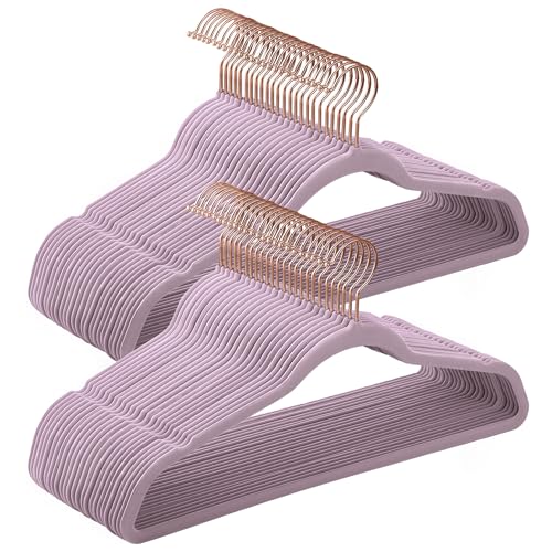 SONGMICS Slim Velvet Hangers, Non-Slip Clothes Hangers with Rose Gold Swivel Hooks, Space-Saving, for Closet, 50 Pack, Light Purple UCRF026P50