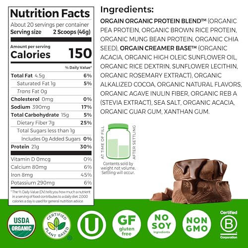 orgain organic vegan protein powder creamy chocolate fudge - 21g plant protein 6g prebiotic fiber low net carb no lactose ingredients no added sugar non-gmo for shakes amp smoothies 203 lb