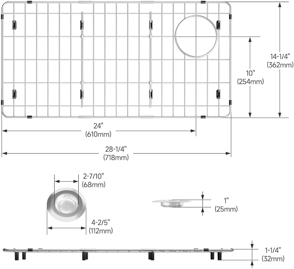 Kitchen Sink Grid with Sink Strainer, Detachable Stainless Steel Sink Rack for Bottom of Sink, 28.25"L