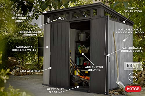 Image of Keter Artisan 7 x 7 Foot Large Modern Design Outdoor Shed with Floor for Outdoor Furniture, Lawn Equipment, Bikes, and Gardening Tools, Gray