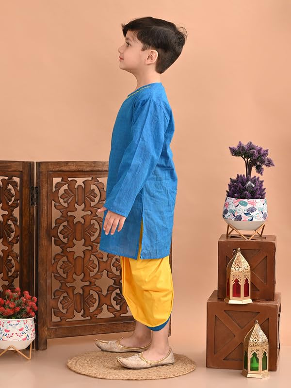 Image of superminis Baby Boy's Handloom Cotton Kurta With Embroidery Around The Neck And Contrast Color Dhoti Clothing Set