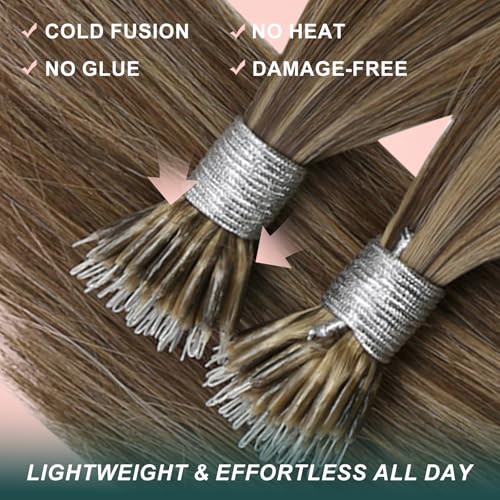 Image of Easyouth 22 Inch Nano Bead Human Hair extensions Highlight, 50G 50S, Medium Brown Highlight Caramel Blonde, Ombre Nano Tip Hair Extension Real Human Hair Lightweight, for Long Straight Hair