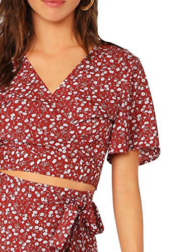Shein Women's Floral Flutter Short Sleeve Crop Top & Flounce Hem Wrap Skirt Set Small Red #TOP4