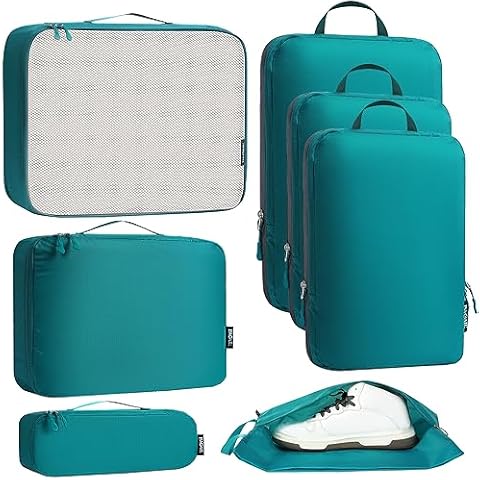 Bagail Ultralight Packing Cubes 7 Set, 3 Compression Packing Cubes 3 Packing Organizers With 1 Shoe Bag-Teal Cover
