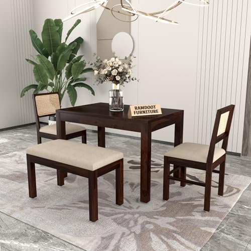 Image of Solid Wood Cane 4 Seater Dining Table Set | Four Seater Dining Table with 2 Cushions Chairs & 1 Bench for Dining Room | 4 Seater Dining Set for Hotel Restaurant | Sheesham, B-Walnut