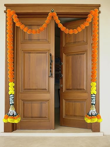 Image of Tia Crafts Artificial Marigold Handmade Fluffy Flower Toran for Main Door Entrance Decoration with Jasmine & Bell for Home, Pooja Room, Festival, Diwali, Ganpati, Wedding Decor | Set of 2