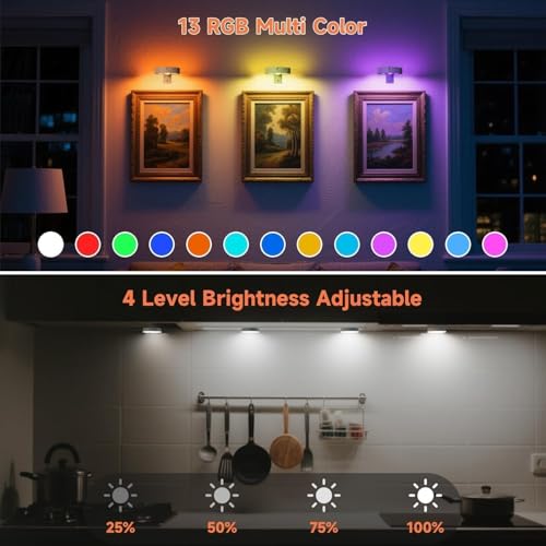 Image of 3 Pack Picture Lights for Wall Battery Operated, Motion Sensor Picture Light with Charging Base, Poster Lights with Remote Dimmable and Timer, Wall Lamps with 13 RGB for Art Display(White)