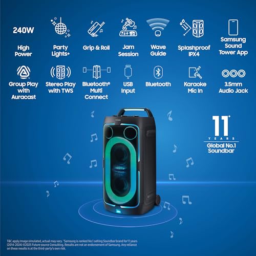 Image of Samsung with in-Built Battery | 18 Hours of Playtime | Party Lights + | Grip & Roll | Splashproof IPX4 | Waveguide | USB Input | 3.5mm Jack | 240 W Bluetooth Party Sound Tower (MX-ST50F /XL, Black)