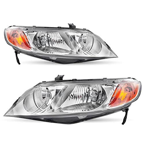 JSBOYAT Headlight Assembly Pair Replacement for 2006-2011 Honda Civic Sedan 4-Door Halogen Headlamp Chrome Housing Amber Reflector (Passenger & Driver Side)