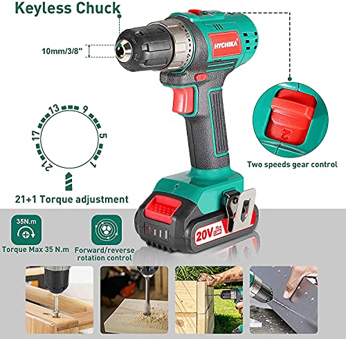 ایگرد | قیمت و خرید Cordless Drill Driver 20V, HYCHIKA Power Drill Set 330  In-lb Torque,1500 RPM,2.0Ah Li-Ion Battery, 1H Fast Charger, 21+1 Clutch, 2  Variable Speed \u0026 Built-in LED for Drilling