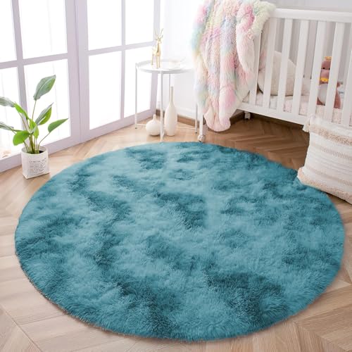 Oxford Homeware Alfombras redondas para sala de estar, 120 x 120 cm, color verde azulado, antideslizantes, modernas, supersuaves, peludas, peludas, para sala de estar, no se desprenden, para