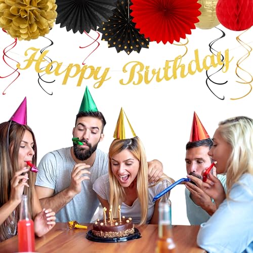 Image of Red-Black Gold Casino-Theme Birthday Party-Decorations - 21pcs Happy Banner,Game Night Paper Lanterns,Tissue Pom Poms Flower Fan,Honeycomb Ball,Swirl Streamers Garland Supplies Women Men Decor Huglony