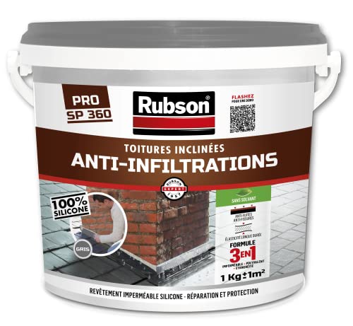 Rubson Revêtement Anti-Infiltrations Stop fuite Gris 1 kg, pour réparation & étanchéité de toitures inclinées & plates, Résine silicone imperméable anti-fuites & anti-fissures