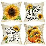 Fahrendom Fall Sunflower Pumpkin Decorative Throw Pillow Cover 18x18 Set of 4, Autumn Flower Quote Farmhouse Porch Patio Outdoor Pillowcase, Harvest Seasonal Vintage Sofa Couch Cushion Case Home Decor