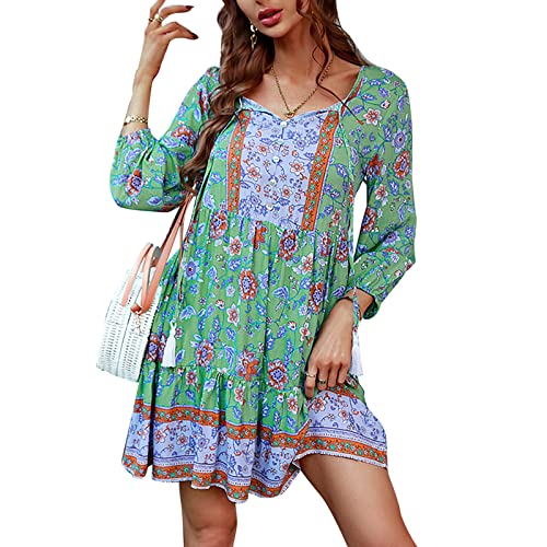Vestido de Napa con Puños y Volantes, Vestido Tubo con Elegante Estampado Floral, Elegante Vestido de Noche con Manga 3/4 (S)