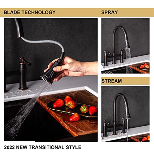 Oil Rubbed Bronze Bridge Kitchen Faucet With Pull-Down Sprayer, Lava Odoro Transitional Kitchen Sink Faucet 3 Hole Spot-Resistant, Lead-Free, Kf501-Orb #TOP2