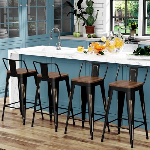 Image of WENTMENT Bar Stools Set of 4 Counter Height Bar Stools Metal Barstools with Removable Back 26 inch Kitchen Bar Stools with Wooden Seat, Distressed Black