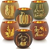 SHMILMH Thanksgiving Votive Candle Holder Set of 12, Glass Tealight Votives Holder with 6 Laser Engraving Patterns, Fall Table Centerpiece Indoor Outdoor Decor