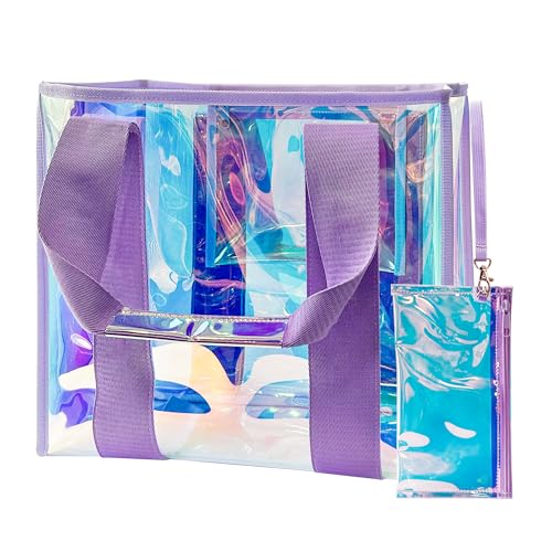 Holographic Iridescent Tote Bag Clear Travel Beach Bag and Phone Pouch Transparent PVC Handbag Large Tote