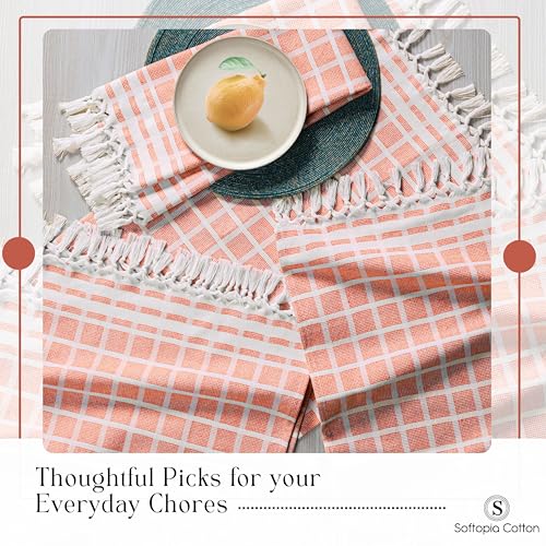 Image of Matrix Dobby Kitchen Towels 4 Pack 100% Cotton, 16x26 Inches, Decorative Tea Towels with Handmade Tassels, Absorbent, Reusable Dish Cloths for Drying Dishes - Bright Orange, Natural